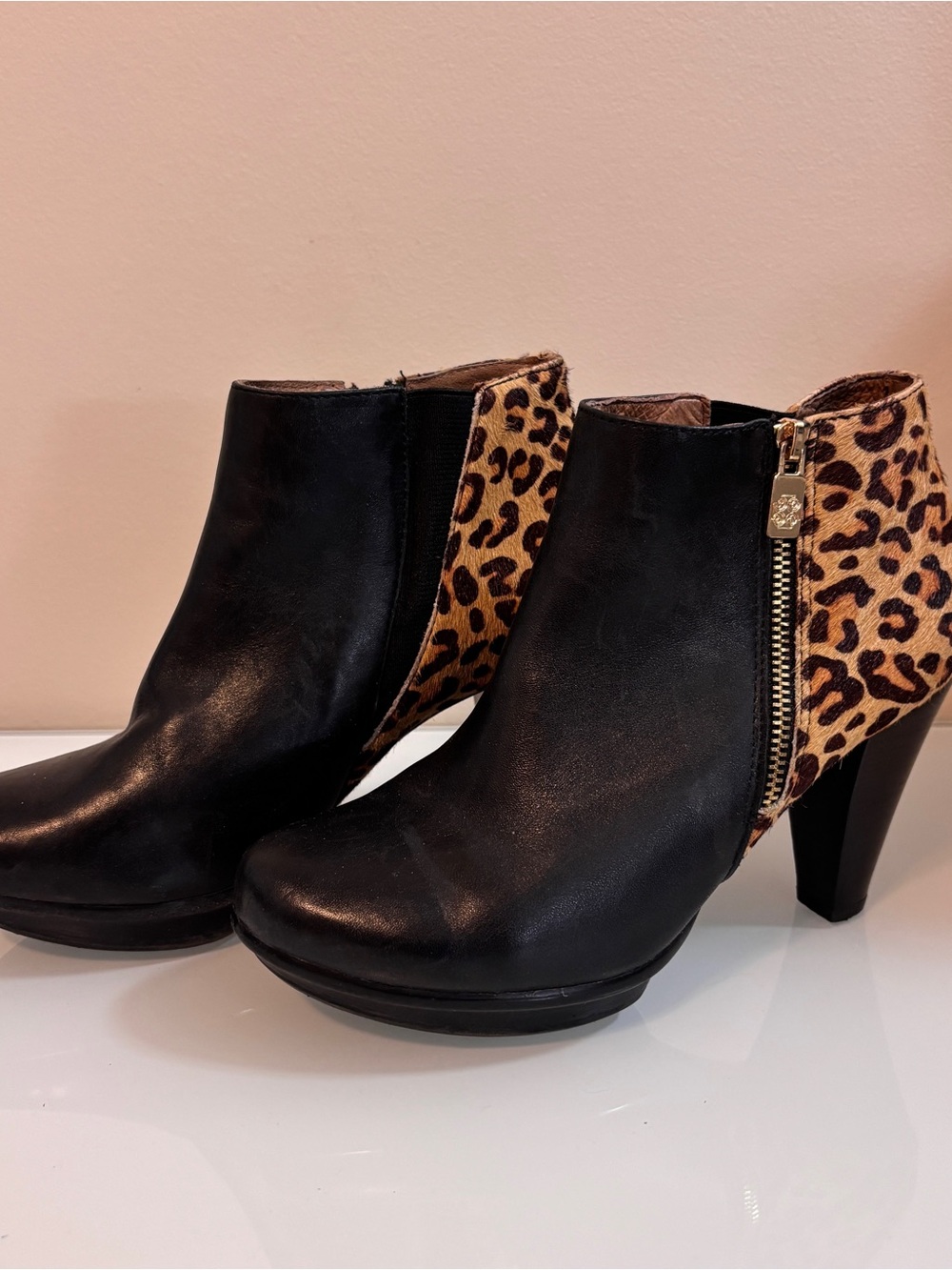 Blondo Black Leather Ankle Booties with Leopard Heel Panel